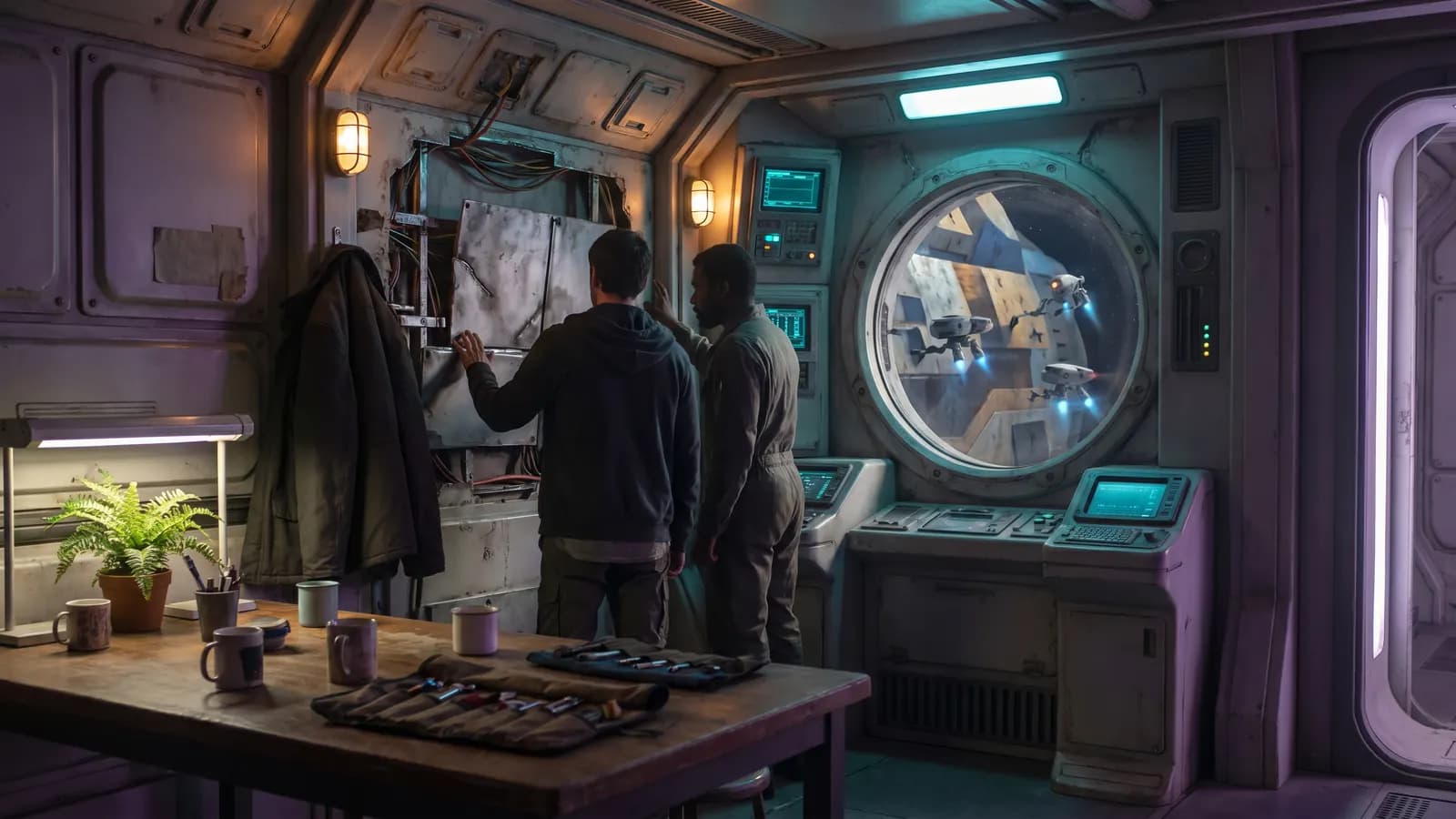Жилой отсек корабля Odd Galaxy с личными вещами экипажа и следами ремонта